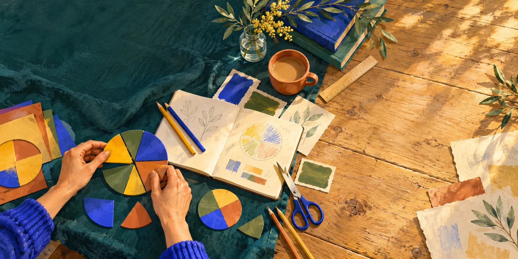 A teacher’s hands arranging coloured paper circles beside lesson notes on a painted teal and oak worktable.