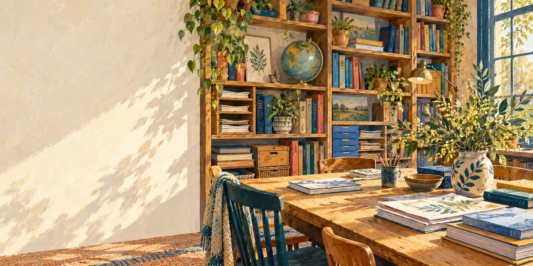 A painted school resource room with colourful books, a globe and teaching materials in warm sunlight.